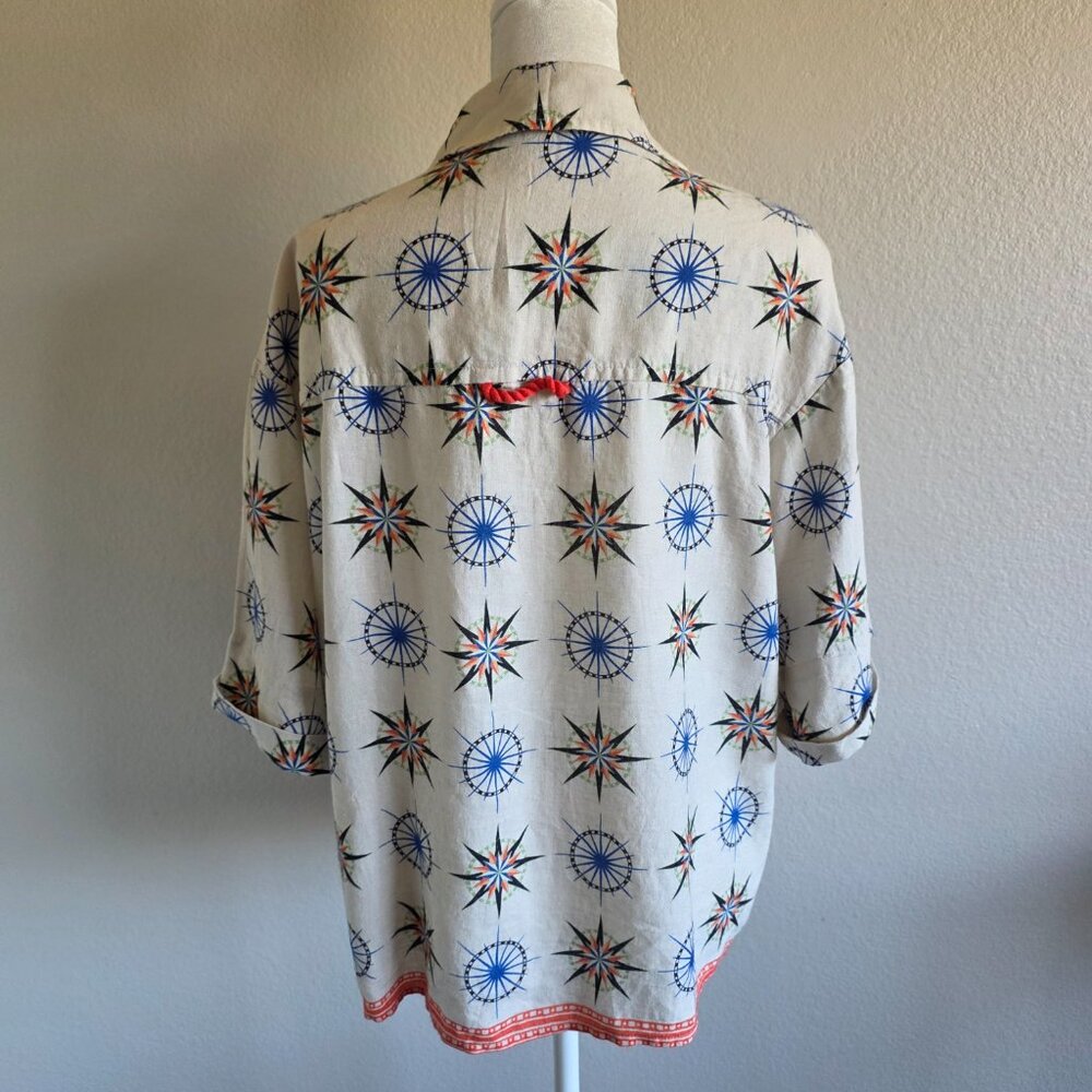 Anthropologie Compass Button Shirt Linen Blend Short Sleeve Oversized Boxy XXS - Picture 5 of 8